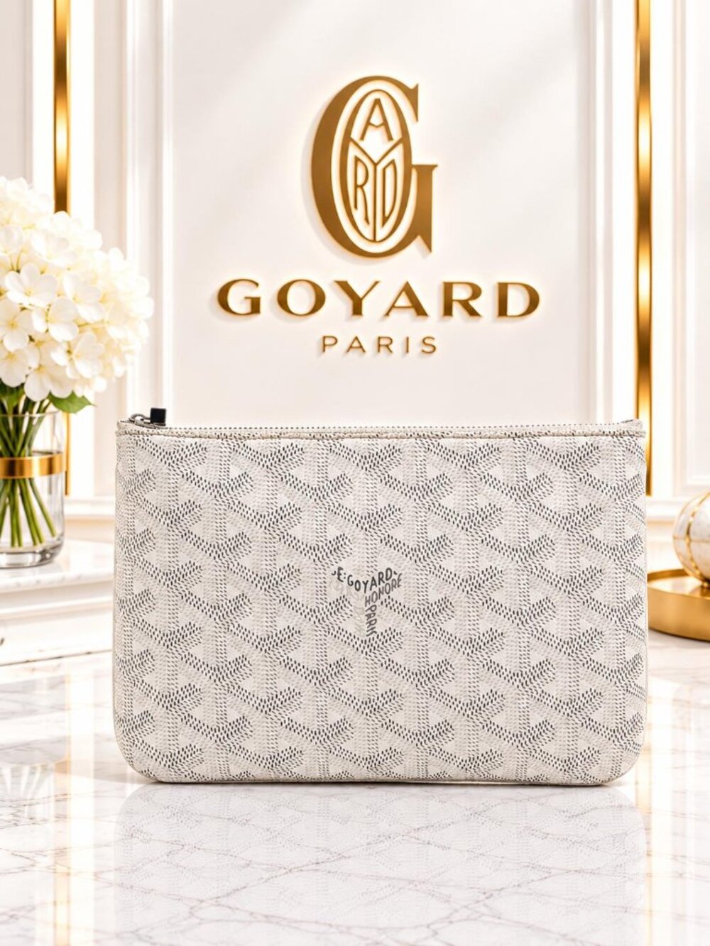 Authentic Goyard Senat White Goyardine Zip Pouch Clutch Luxury Travel Bag